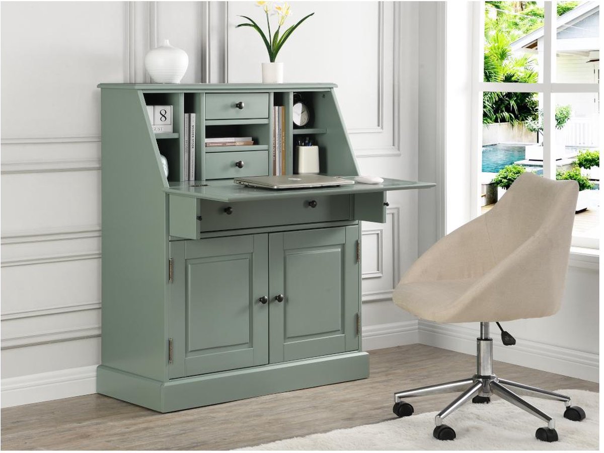 Bureaukast CLEORE - Grenen en MDF - Amandelgroen B 93 cm x H 110,8 cm x D 40 cm