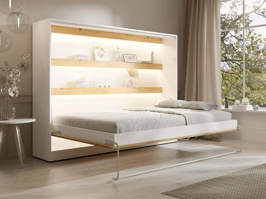 Wall bed 140 x 200 cm - Manual horizontal opening - With LED lighting - White and wood look - RAPILI L 219 cm x H 165.2 cm x D 179.2 cm