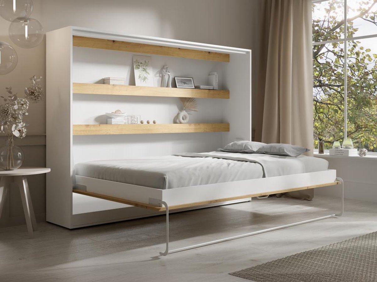 Wall bed 140 x 200 cm - Manual horizontal opening - With LED lighting - White and wood look - RAPILI L 219 cm x H 165.2 cm x D 179.2 cm