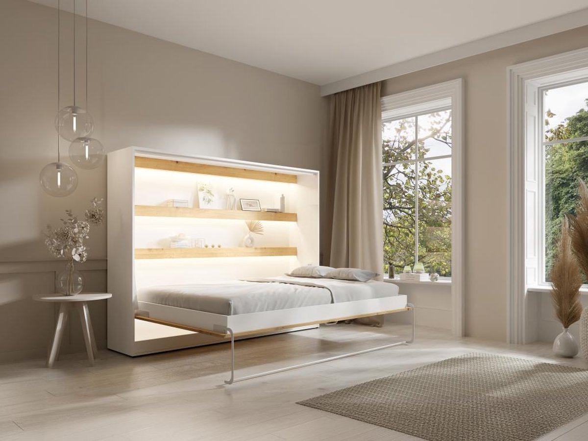 Wall bed 140 x 200 cm - Manual horizontal opening - With LED lighting - White and wood look - RAPILI L 219 cm x H 165.2 cm x D 179.2 cm