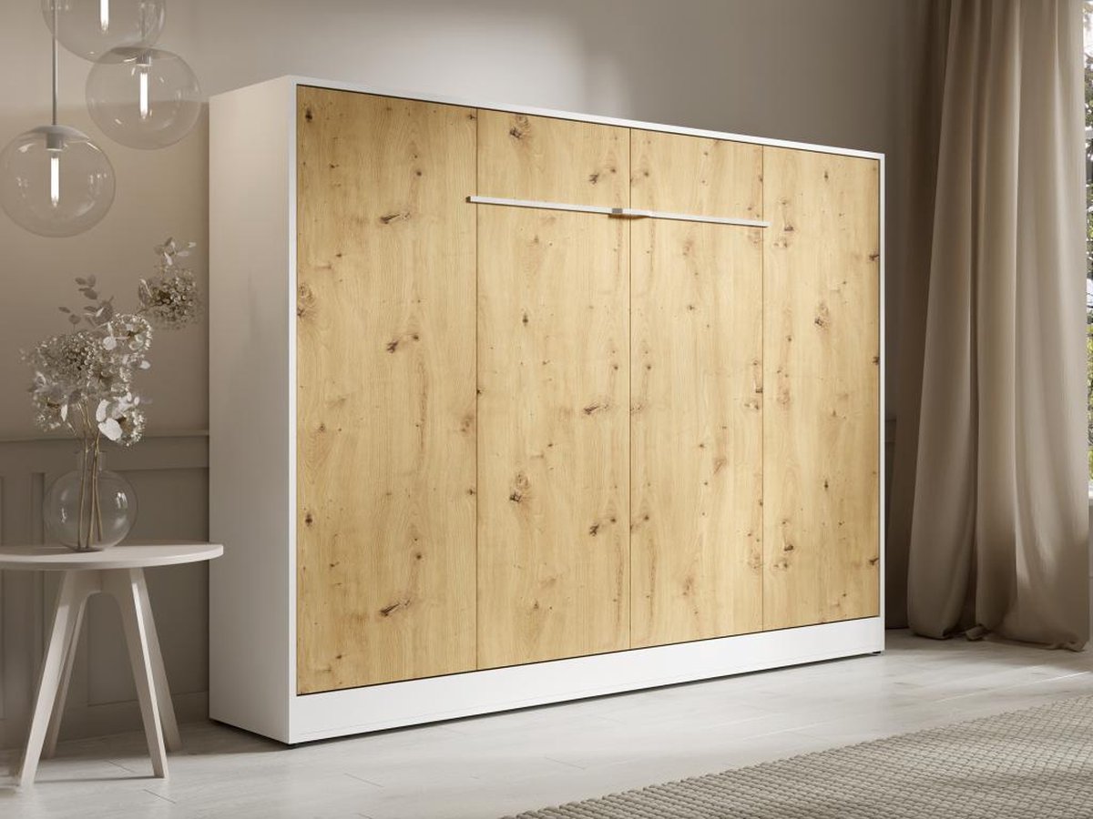 Wall bed 140 x 200 cm - Manual horizontal opening - With LED lighting - White and wood look - RAPILI L 219 cm x H 165.2 cm x D 179.2 cm