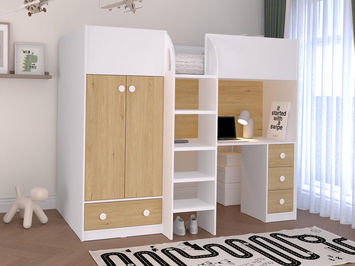 Hoogslaper 90 x 190 cm met kast en bureau - Wit en naturel - CINAMO B 196 cm x H 162.3 cm x D 120.8 cm