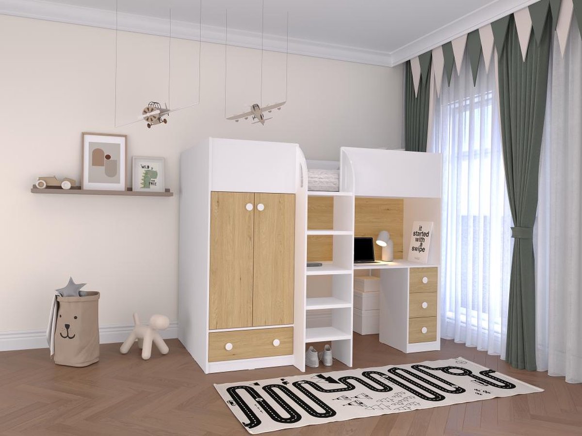 Hoogslaper 90 x 190 cm met kast en bureau - Wit en naturel - CINAMO B 196 cm x H 162.3 cm x D 120.8 cm