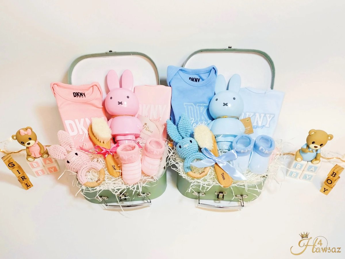 Kraamcadeau tweeling, jongen en meisje 14 stuks - Hawsaz.nl cadeau - Voordeelpakket - Koffertje - Kraampakket - Gepersonaliseerde kraamcadeau - Babykleding 0-m 3 m DKNY - Geboortecadeau - babyshower - Babyverzorging - Nijntje - Rammelaar - Bijtring