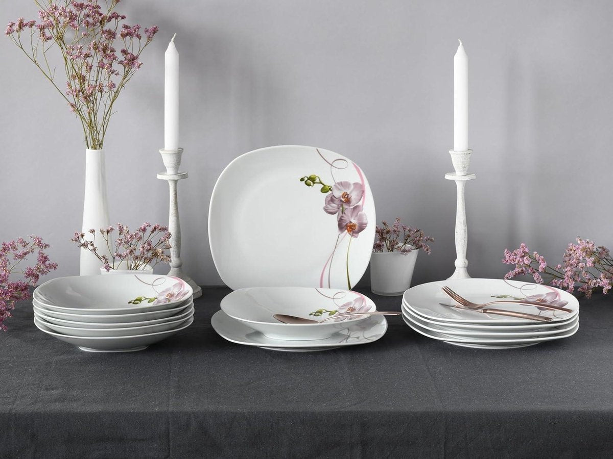 12-delige serviesset voor 6 personen - Square Orchidee - porselein - vaatwasser- en en magnetronbestendig - kwaliteitsproductie bordenset 6 person