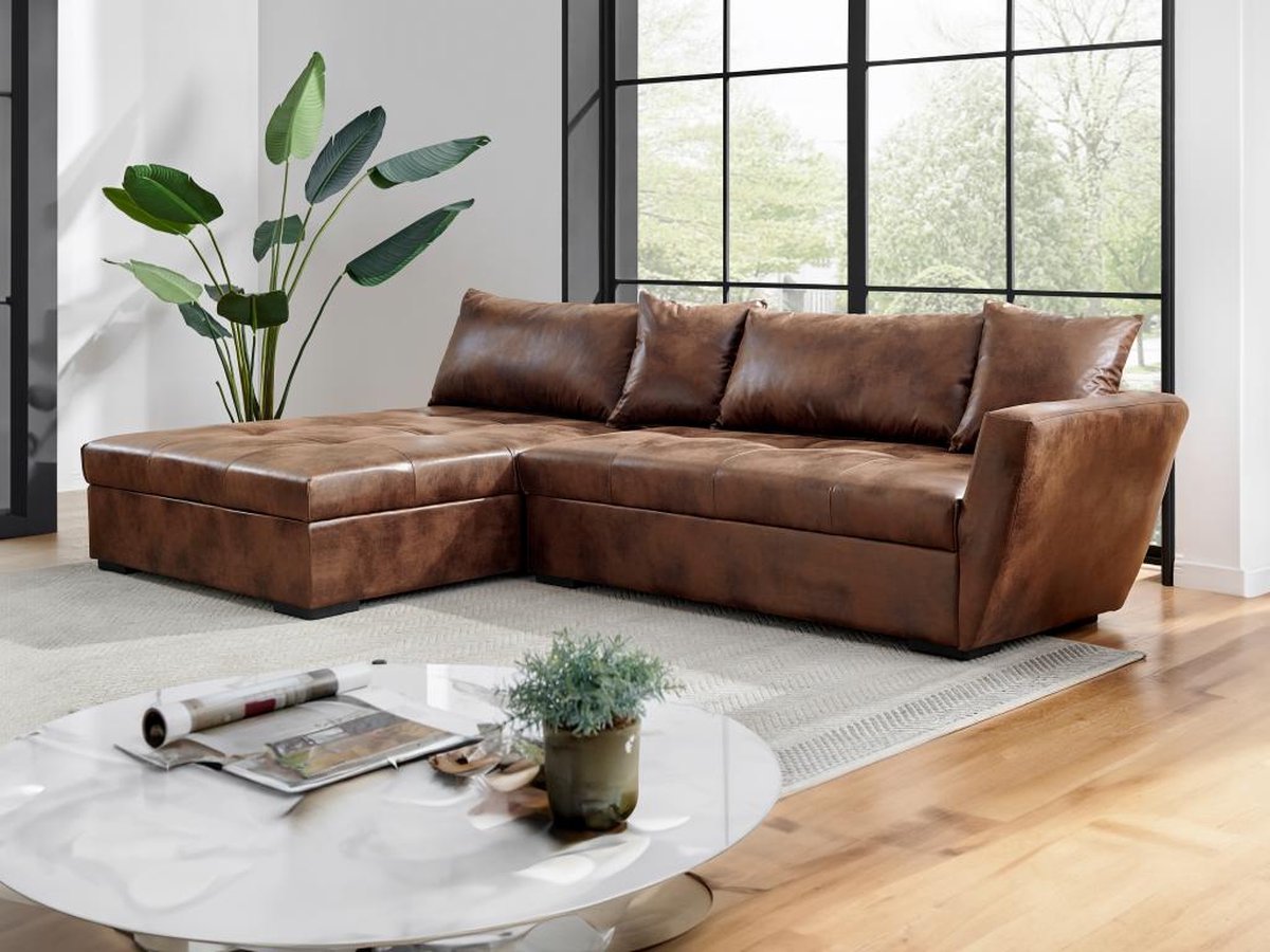 Vente-unique Corner sofa bed with left corner in brown aged microfibre ROMANE II W 274 cm x H 85 cm x D 168 cm
