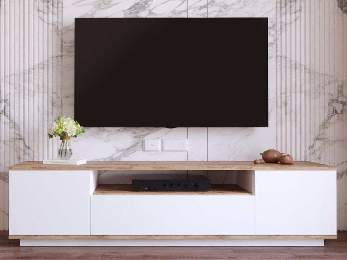 TV meubel wit met hout - eiken & wit - 180x44,6x44,5cm - tv-meubel hout - tv-meubel wit