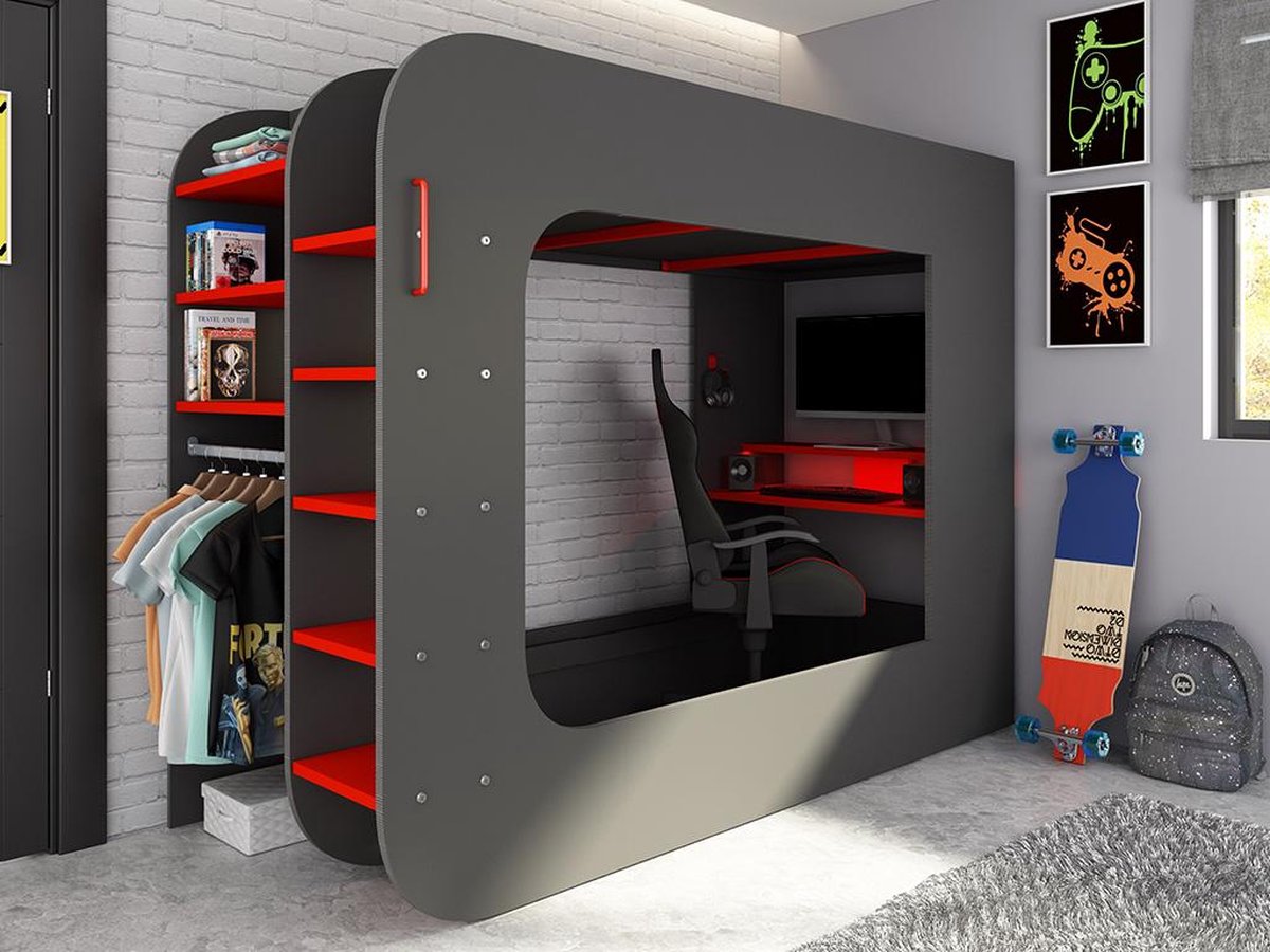 Hoogslaper 90 x 200 cm - Met gamingbureau en opbergruimte - LED's - Antraciet & rood - WARRIOR B 238.1 cm x H 183.6 cm x D 97.6 cm