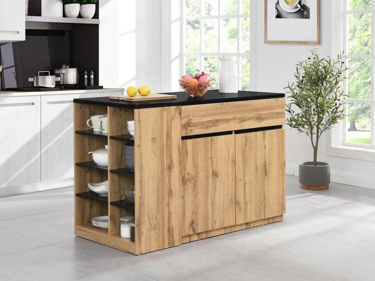 Vente-unique Keukeneiland met opbergruimte - Zwart en naturel - MEILI B 130 cm x H 90 cm x D 65 cm