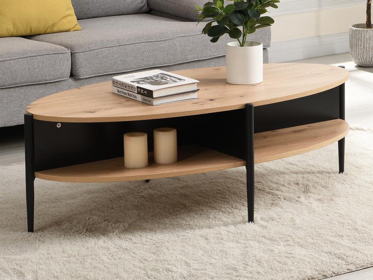 Salontafel met 4 nissen van MDF en metaal - Licht naturel en zwart - EVARO L 125 cm x H 39 cm x D 65 cm