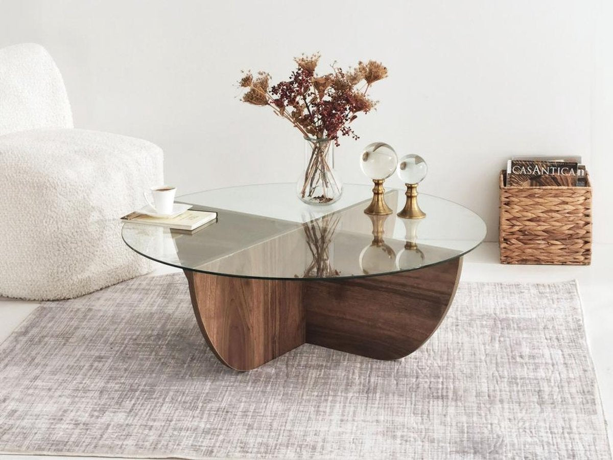 Salontafel halfrond glas hout - walnoot - 90x30 cm - gehard glas - Retro - bijzettafel rond glas