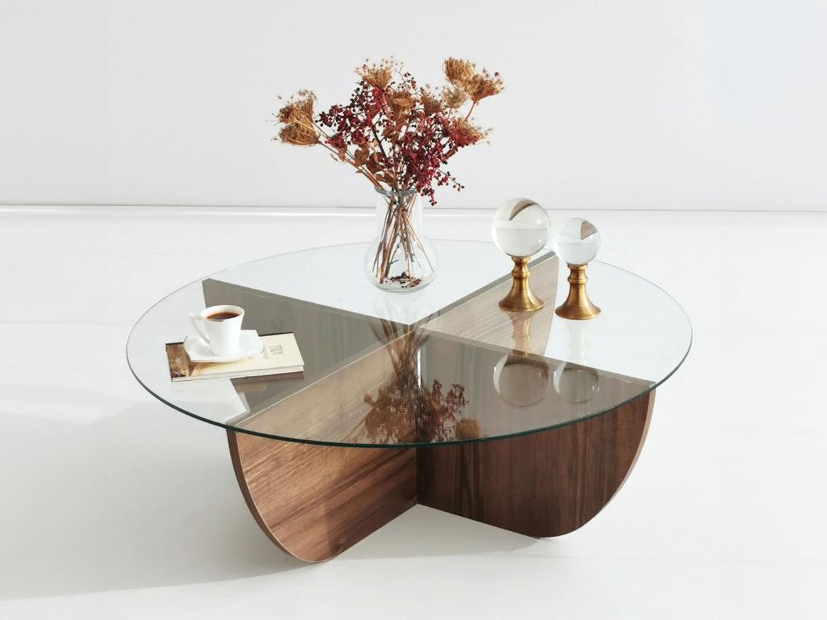 Salontafel halfrond glas hout - walnoot - 90x30 cm - gehard glas - Retro - bijzettafel rond glas