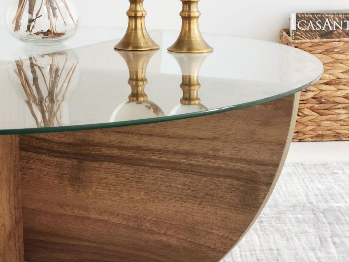 Salontafel halfrond glas hout - walnoot - 90x30 cm - gehard glas - Retro - bijzettafel rond glas