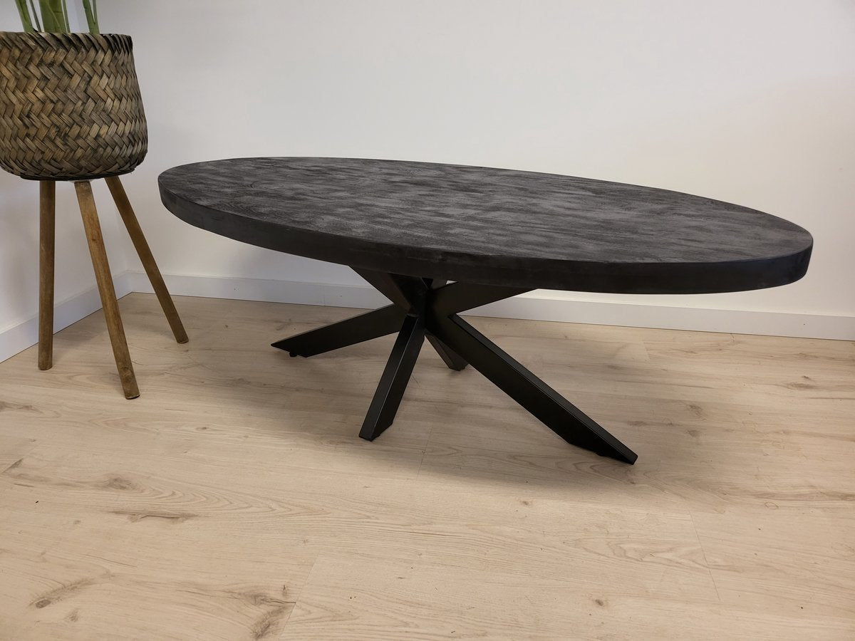 Salontafel Anne - volledig zwart - ovaal 120 cm lang mangohout met matrixpoot 80 cm breed metalen frame