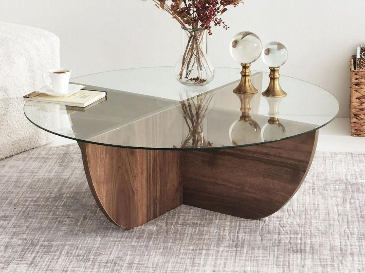 Salontafel halfrond glas hout - walnoot - 90x30 cm - gehard glas - Retro - bijzettafel rond glas