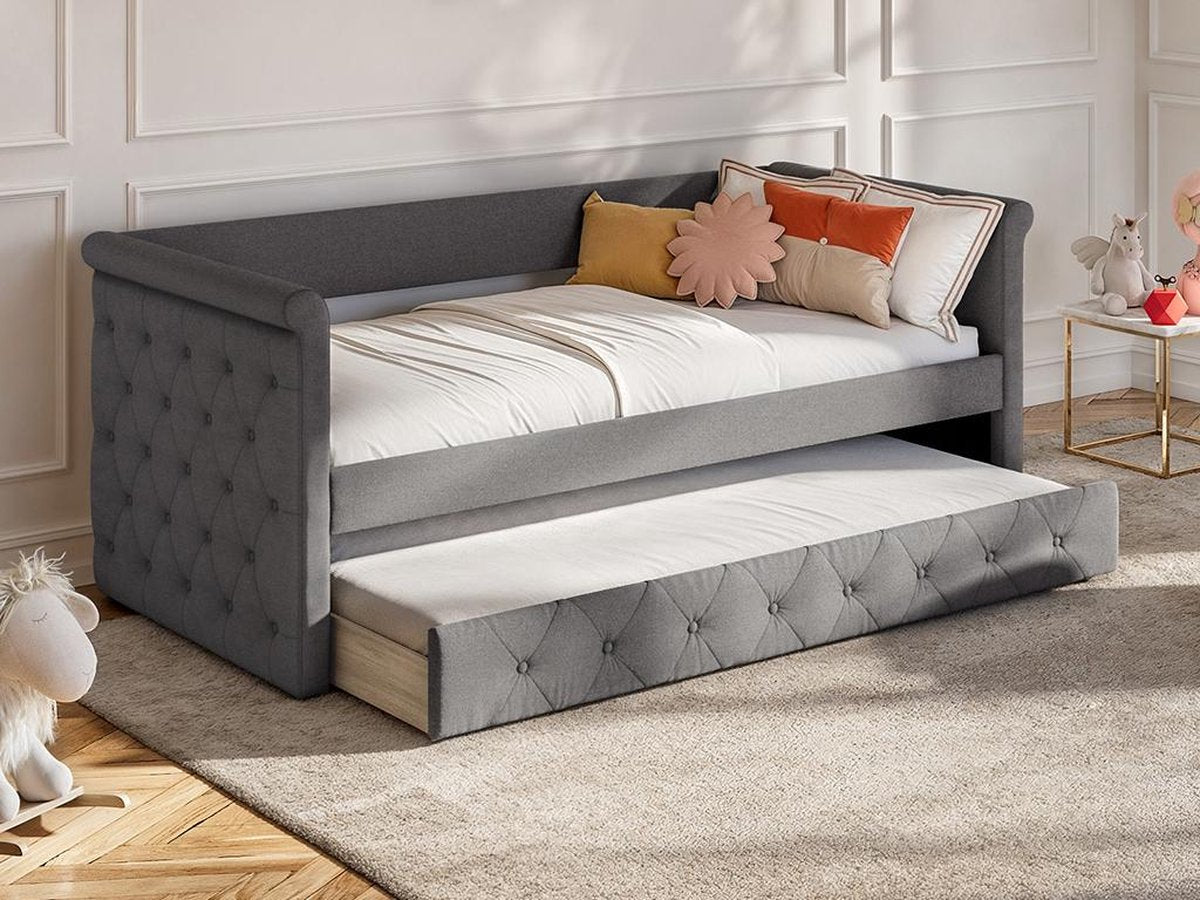 Vente-unique Bed met bedlade LOUISE - 2 x 90 x 190 cm - Grijze stof L 219 cm x H 95.2 cm x D 98.5 cm