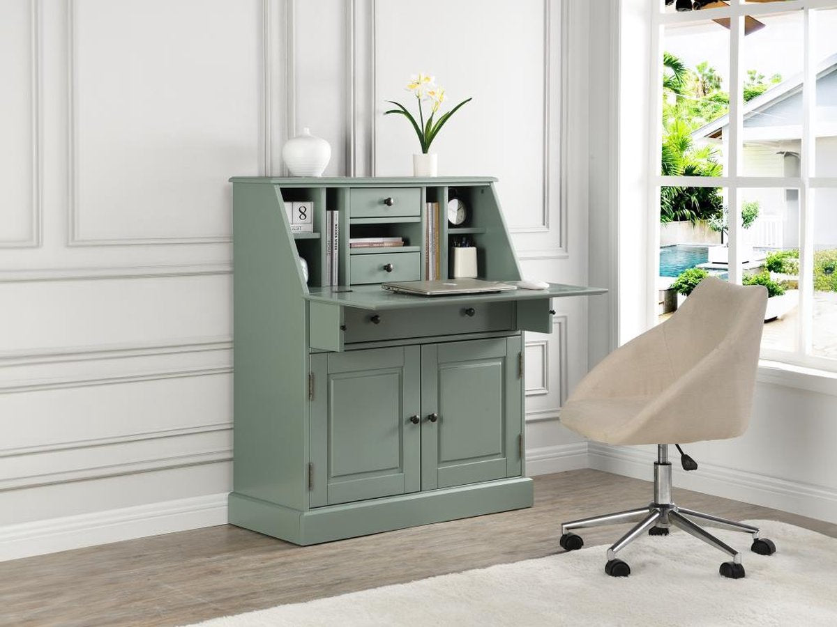 Bureaukast CLEORE - Grenen en MDF - Amandelgroen B 93 cm x H 110,8 cm x D 40 cm