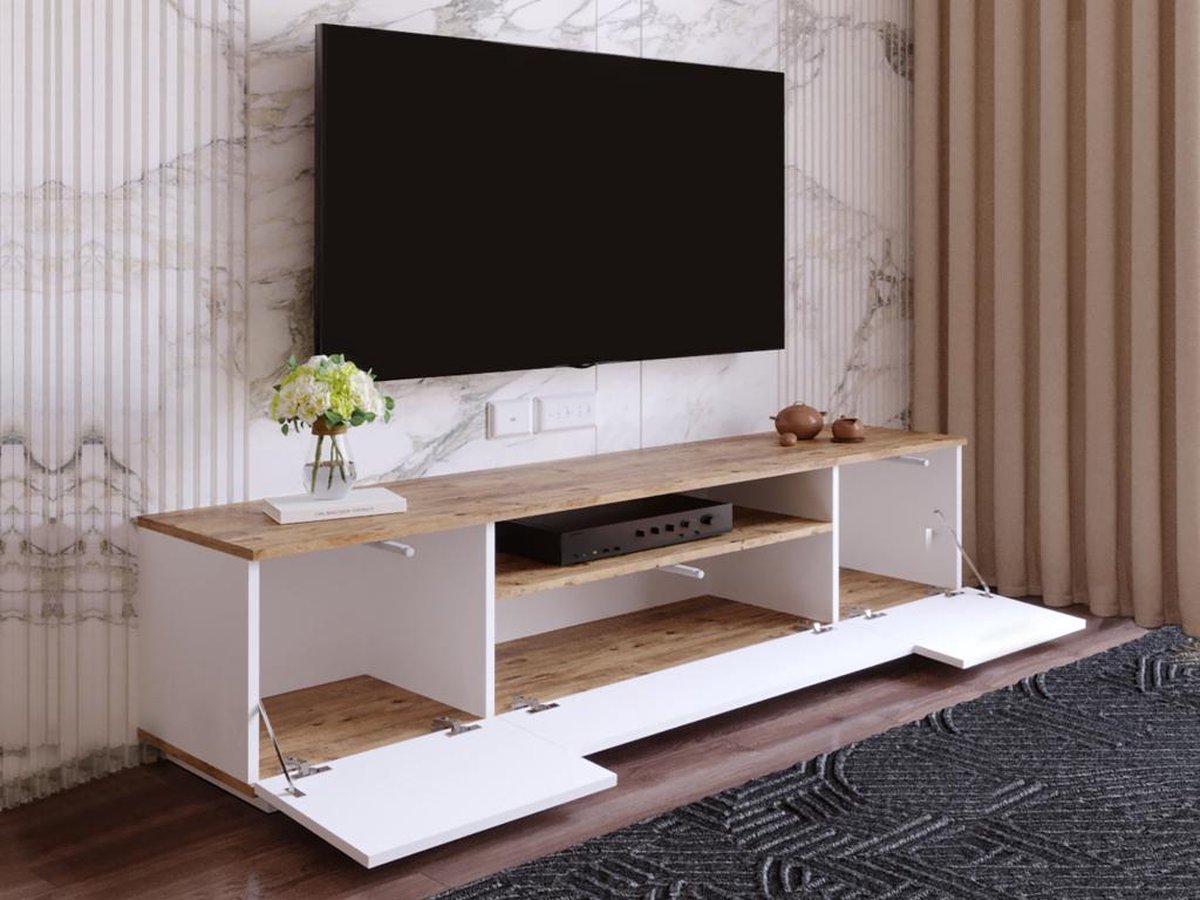 TV meubel wit met hout - eiken & wit - 180x44,6x44,5cm - tv-meubel hout - tv-meubel wit