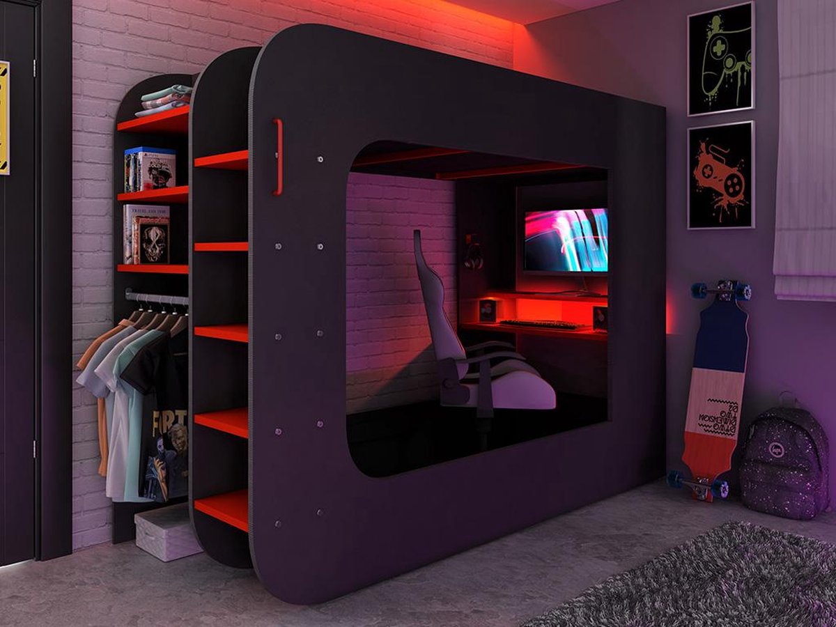 Hoogslaper 90 x 200 cm - Met gamingbureau en opbergruimte - LED's - Antraciet & rood - WARRIOR B 238.1 cm x H 183.6 cm x D 97.6 cm