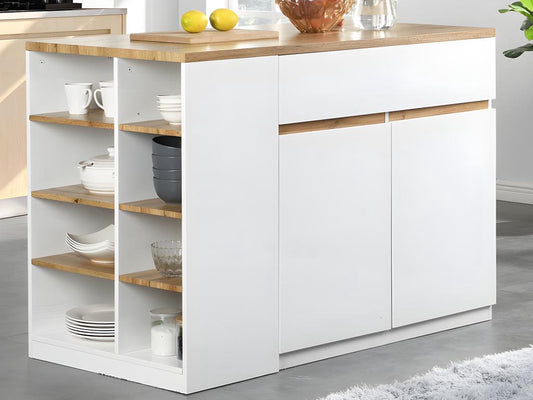 Vente-unique Keukeneiland met opbergruimte MEILI - Wit en eiken L 130 cm x H 90 cm x D 65 cm
