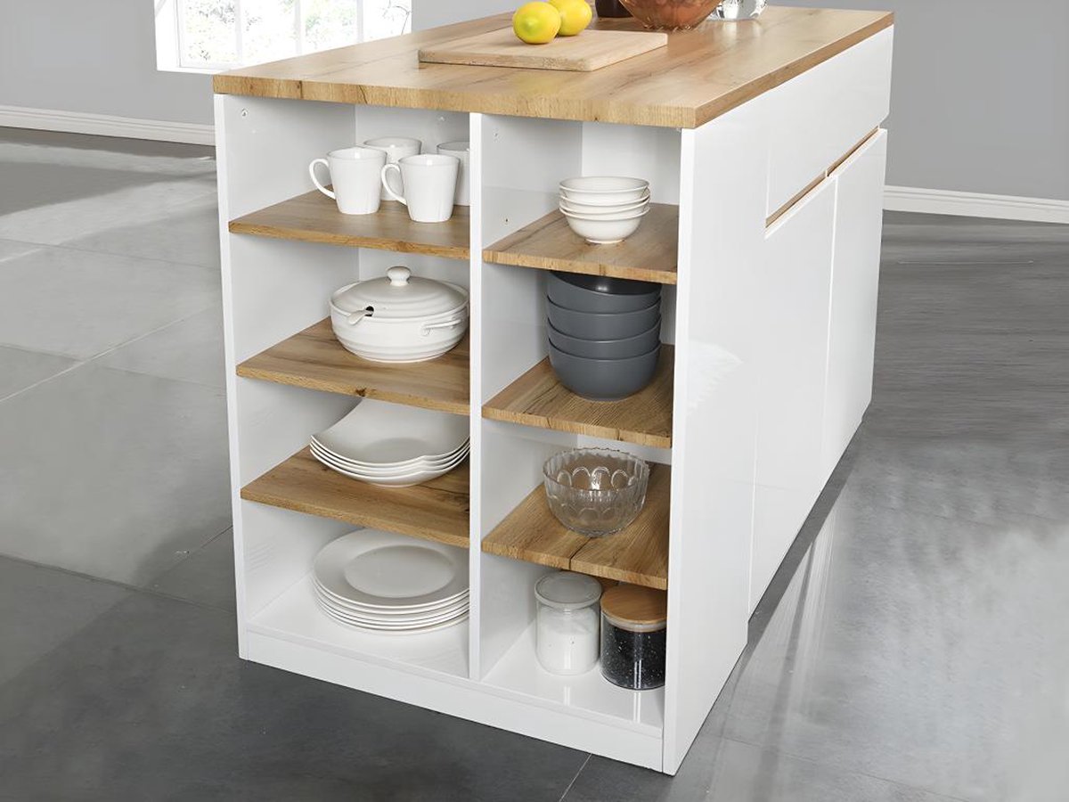 Vente-unique Keukeneiland met opbergruimte MEILI - Wit en eiken L 130 cm x H 90 cm x D 65 cm