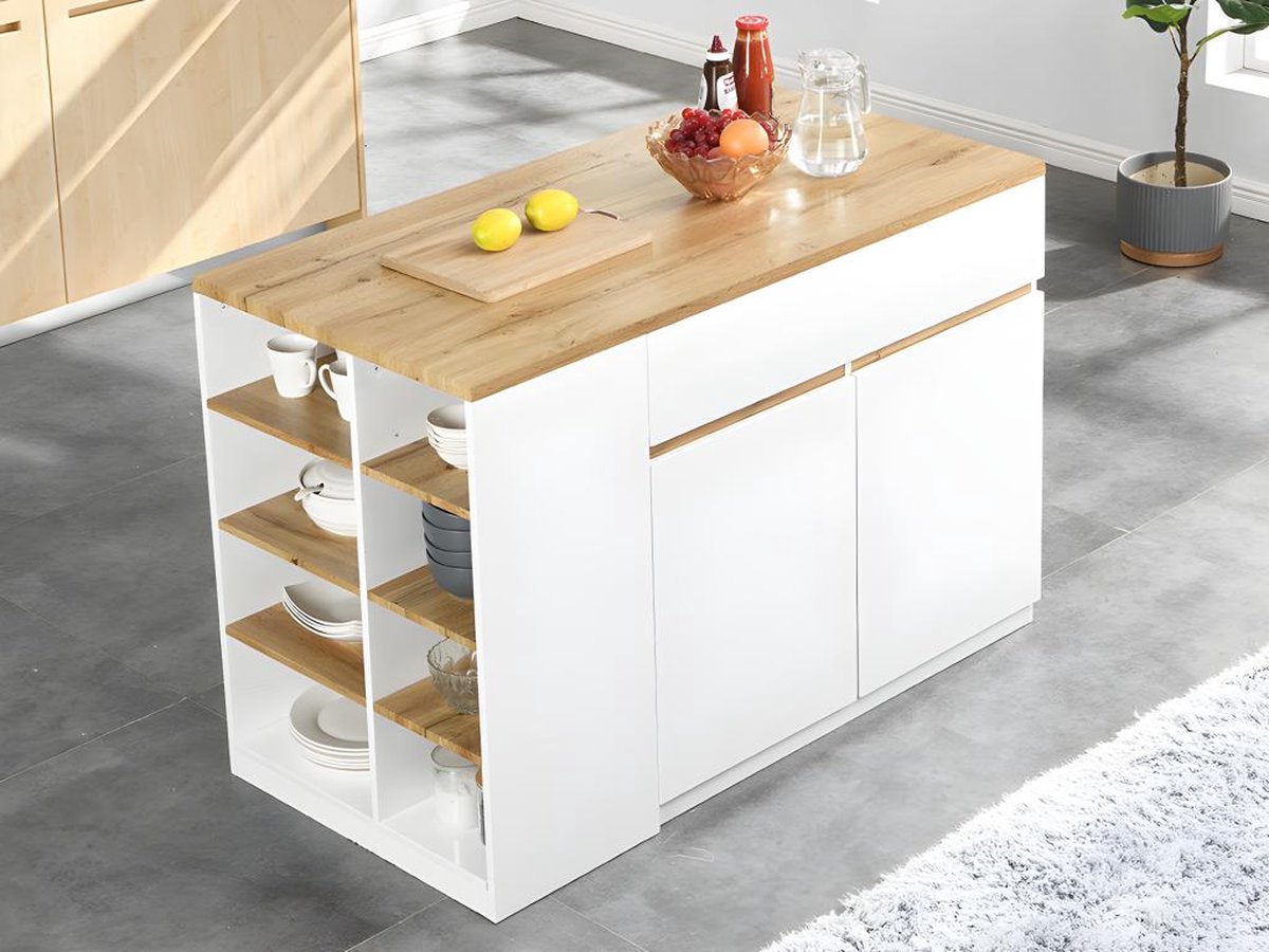 Vente-unique Keukeneiland met opbergruimte MEILI - Wit en eiken L 130 cm x H 90 cm x D 65 cm