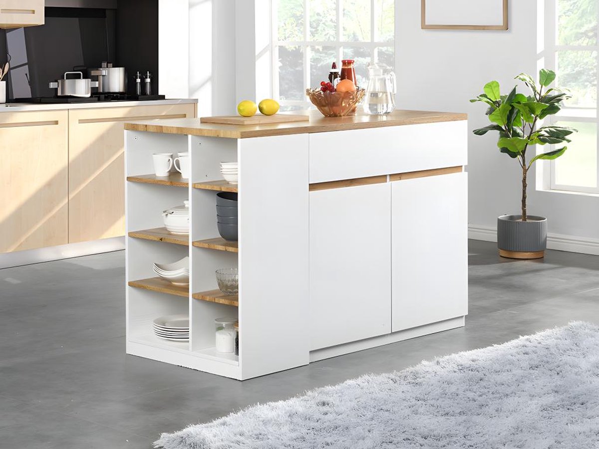 Vente-unique Keukeneiland met opbergruimte MEILI - Wit en eiken L 130 cm x H 90 cm x D 65 cm