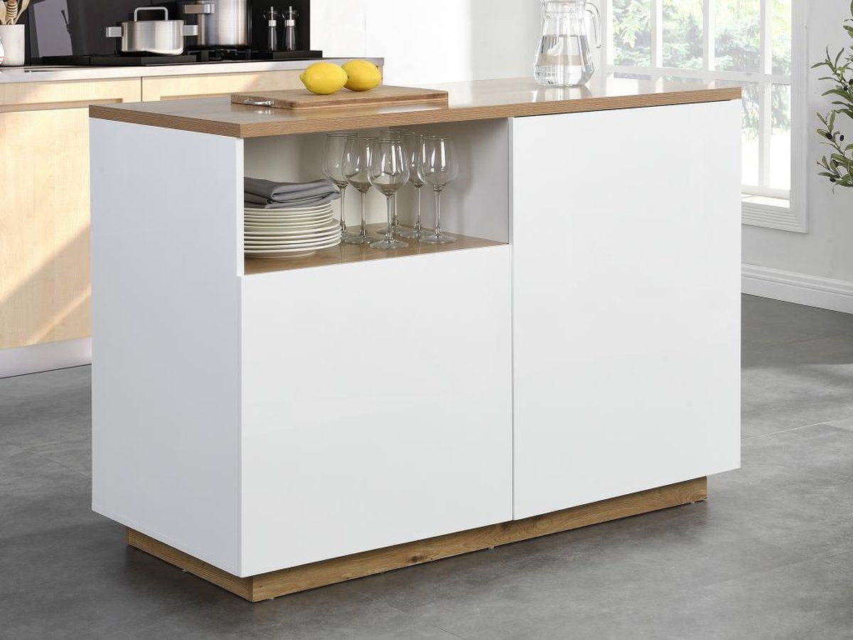 Vente-unique Keukeneiland met 2 deuren en 1 nis van MDF - Naturel en wit - CORELINA B 120 x H 90 x D 60 cm