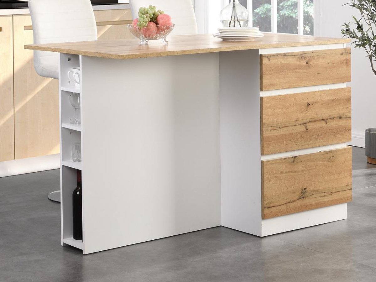 Vente-unique Centraal keukeneiland met 6 lades en 4 nissen van mdf - Licht naturel en wit - POMARELA L 140 cm x H 91 cm x D 80 cm