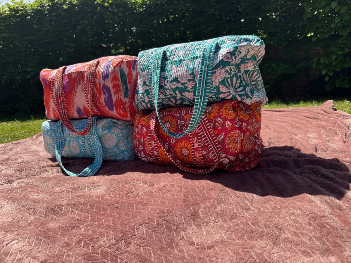 Weekendtas - Schoudertas - India - Luiertas - Groot - Dufflebag - Groen Roze bloemen