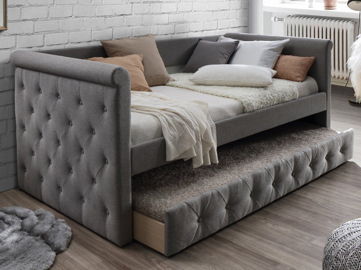 Vente-unique Bed met bedlade LOUISE - 2 x 90 x 190 cm - Grijze stof L 219 cm x H 95.2 cm x D 98.5 cm