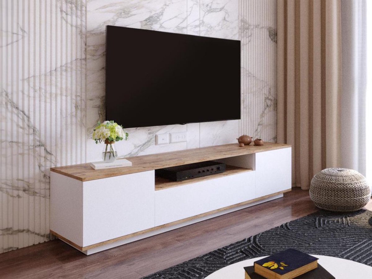 TV meubel wit met hout - eiken & wit - 180x44,6x44,5cm - tv-meubel hout - tv-meubel wit