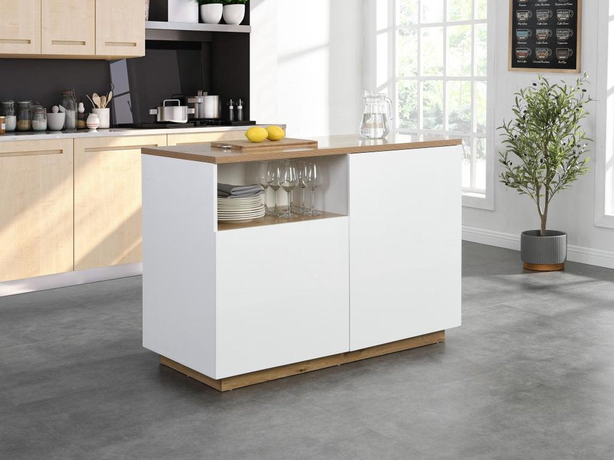 Vente-unique Keukeneiland met 2 deuren en 1 nis van MDF - Naturel en wit - CORELINA B 120 x H 90 x D 60 cm