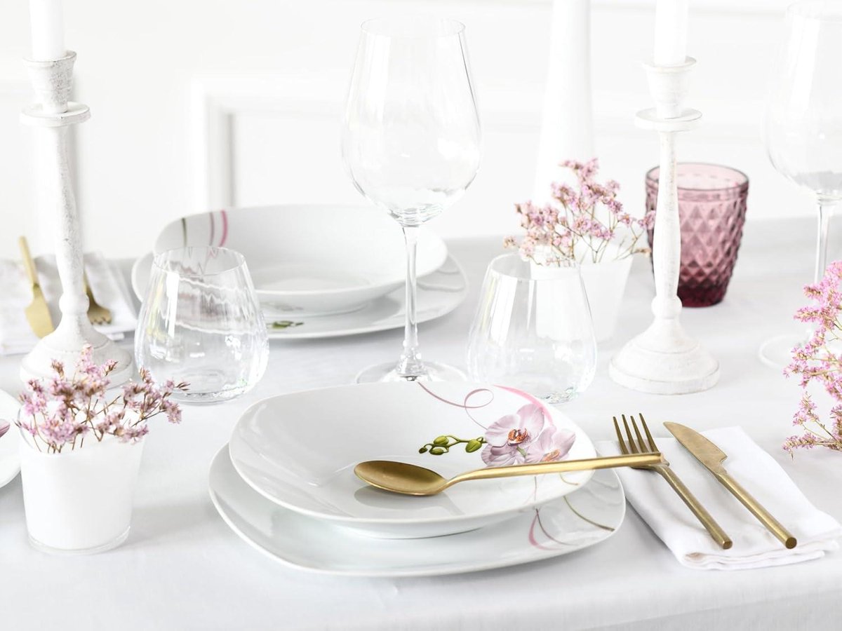 12-delige serviesset voor 6 personen - Square Orchidee - porselein - vaatwasser- en en magnetronbestendig - kwaliteitsproductie bordenset 6 person