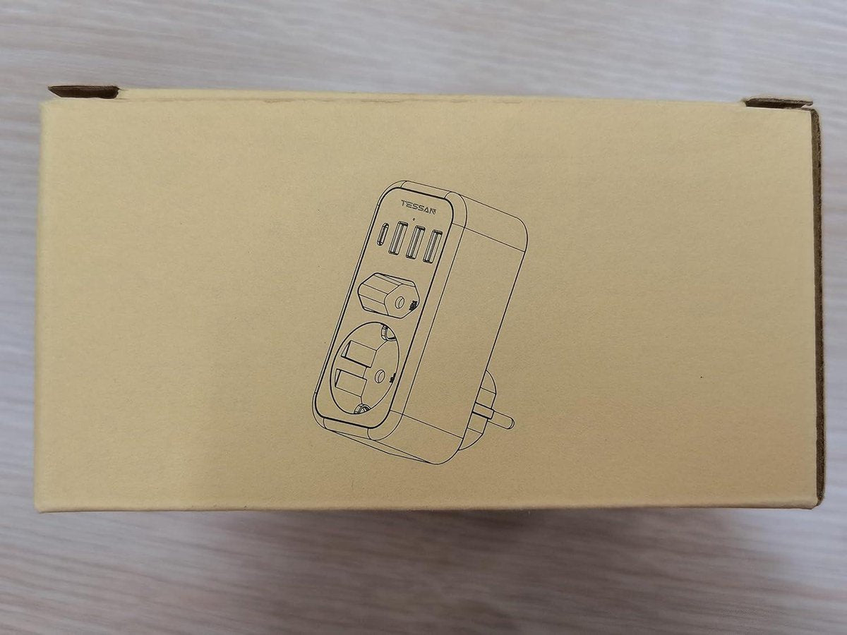 Dubbele Stekkeradapter Stopcontact USB C - 2-voudig met 4 USB Netstekker - Meervoudige Stekker en USB C Adapter Grijs