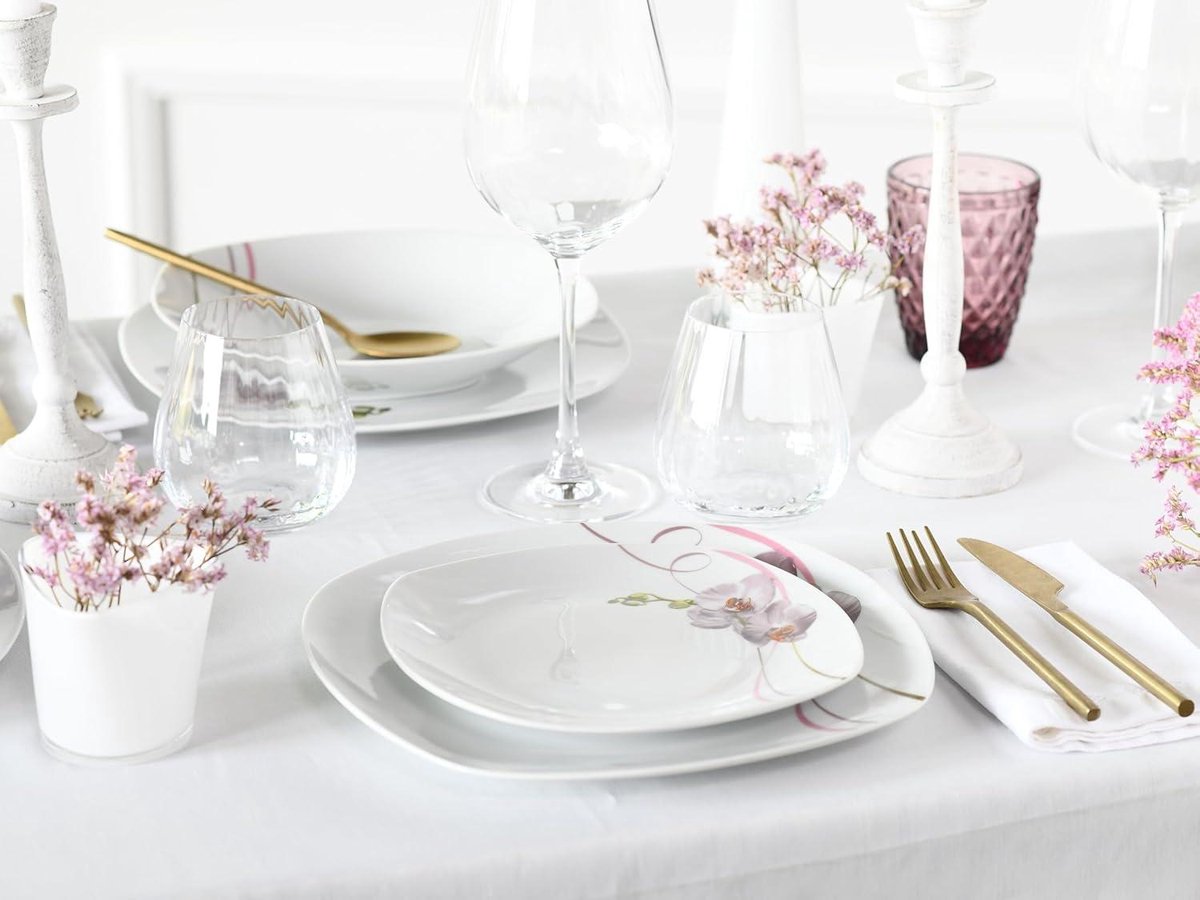 12-delige serviesset voor 6 personen - Square Orchidee - porselein - vaatwasser- en magnetronbestendig - kwaliteitsproductie bordenset 6 personen