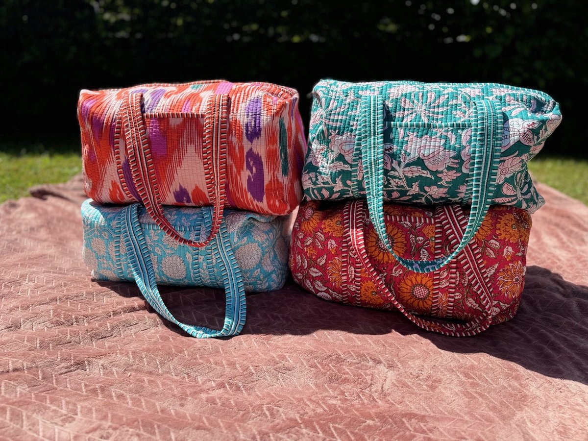 Weekendtas - Schoudertas - India - Luiertas - Groot - Dufflebag - Groen Roze bloemen