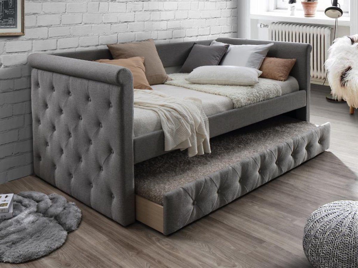 Vente-unique Bed met bedlade LOUISE - 2 x 90 x 190 cm - Grijze stof L 219 cm x H 95.2 cm x D 98.5 cm