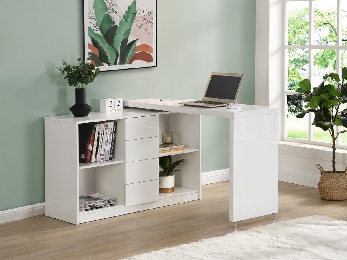 Extendable desk with 360° rotating top - MDF - White lacquered - PAVELO L 190 cm x H 76.5 cm x D 42 cm