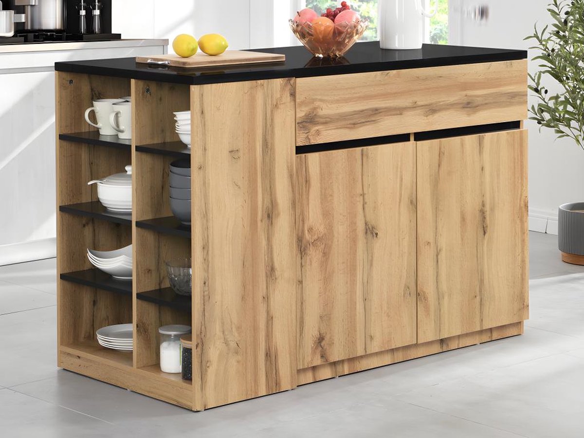 Vente-unique Keukeneiland met opbergruimte - Zwart en naturel - MEILI B 130 cm x H 90 cm x D 65 cm