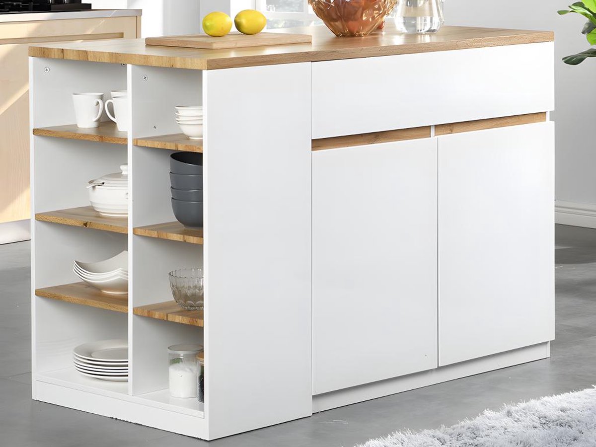 Vente-unique Keukeneiland met opbergruimte MEILI - Wit en eiken B 130 cm x H 90 cm x D 65 cm