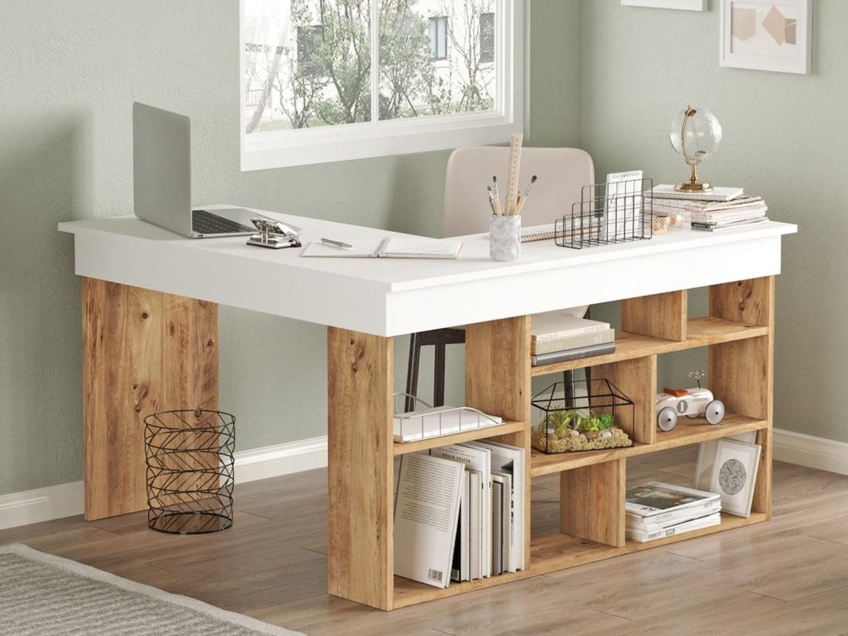 Hoekbureau met opbergruimte - Wit en naturel - LILEUL B 129 cm x H 72 cm x D 120 cm