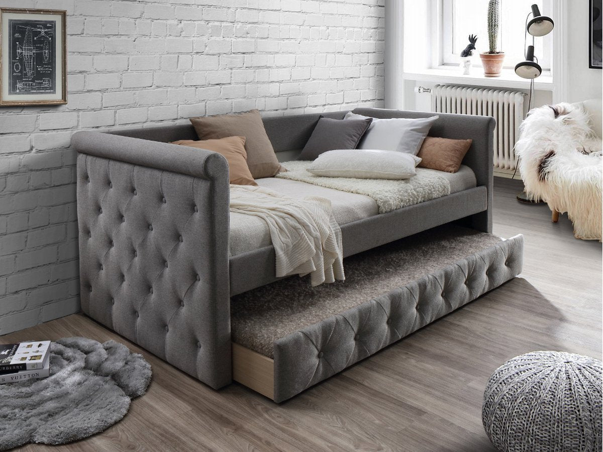 Vente-unique Bed met bedlade LOUISE - 2 x 90 x 190 cm - Grijze stof L 219 cm x H 95.2 cm x D 98.5 cm