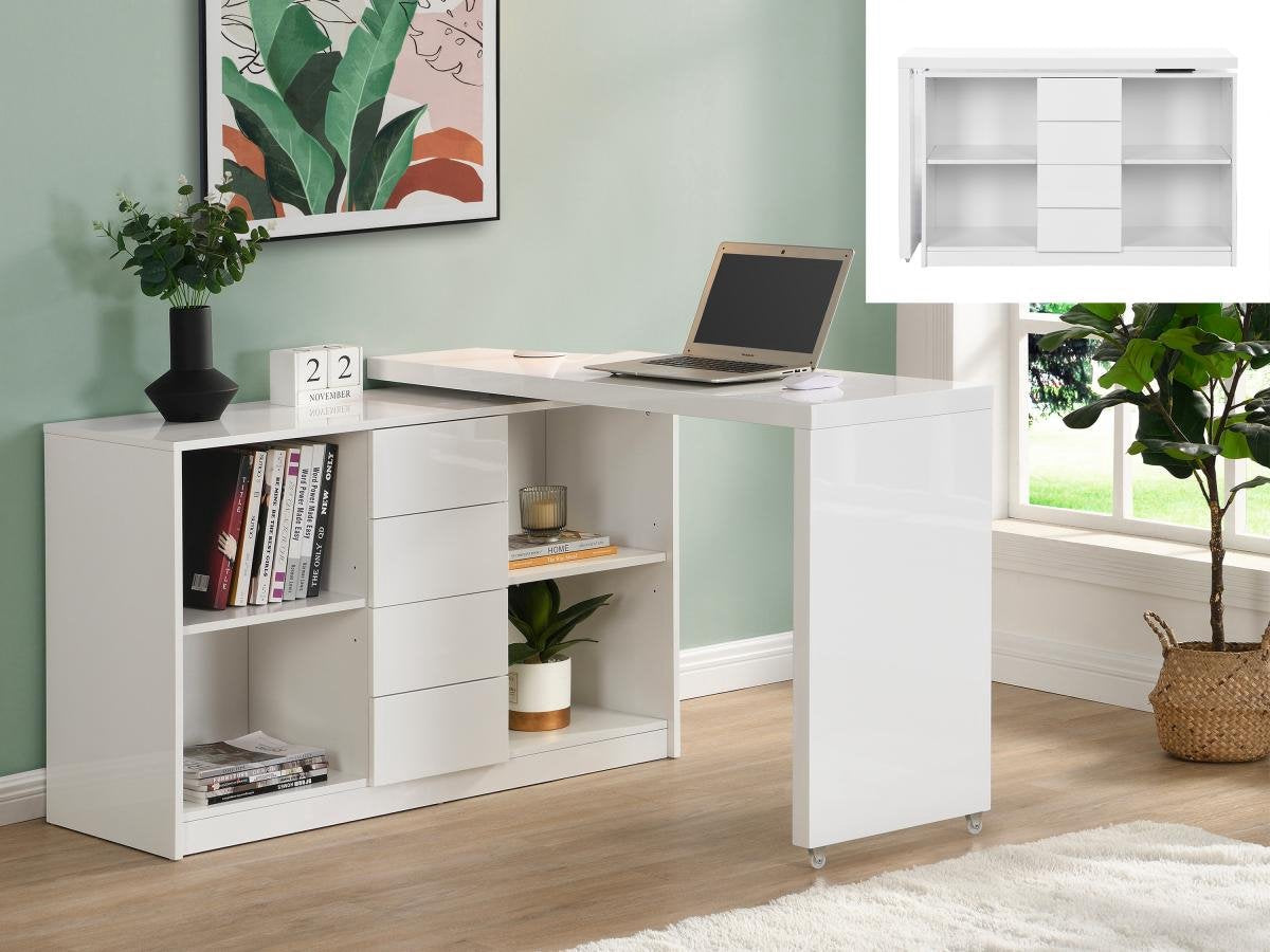 Extendable desk with 360° rotating top - MDF - White lacquered - PAVELO L 190 cm x H 76.5 cm x D 42 cm