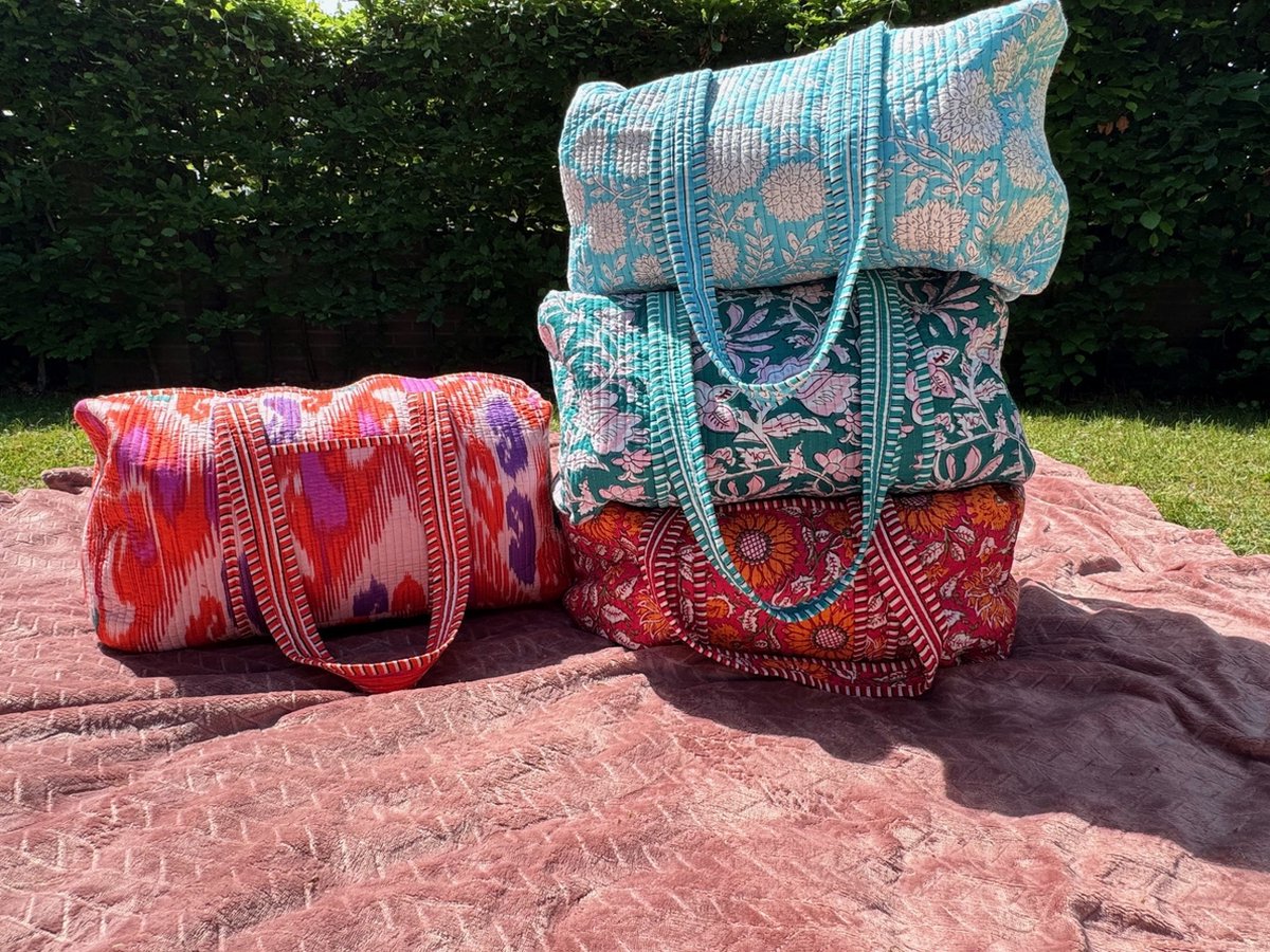 Weekendtas - Schoudertas - India - Luiertas - Groot - Dufflebag - Groen Roze bloemen