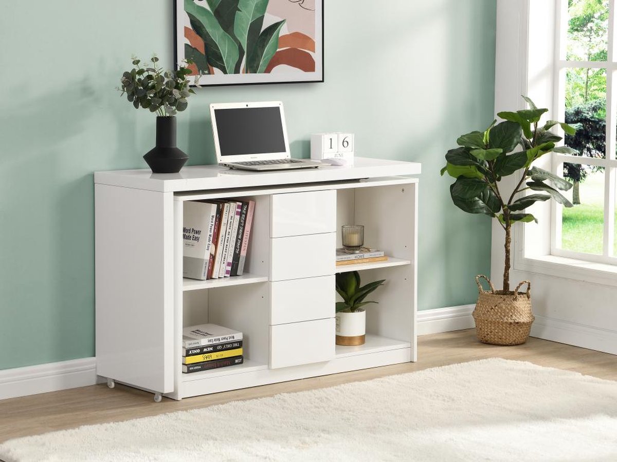 Extendable desk with 360° rotating top - MDF - White lacquered - PAVELO L 190 cm x H 76.5 cm x D 42 cm