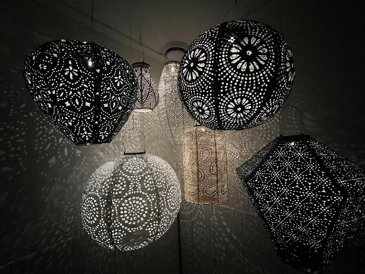 7 x Solar buiten Lampion met motief - Pakket - tuinverlichting - zonne energie - buitenlamp