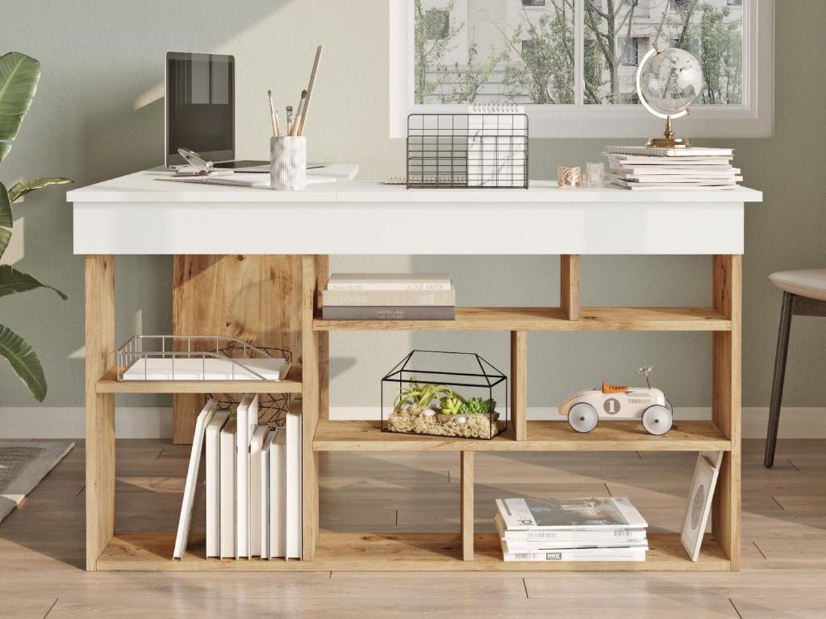 Hoekbureau met opbergruimte - Wit en naturel - LILEUL B 129 cm x H 72 cm x D 120 cm