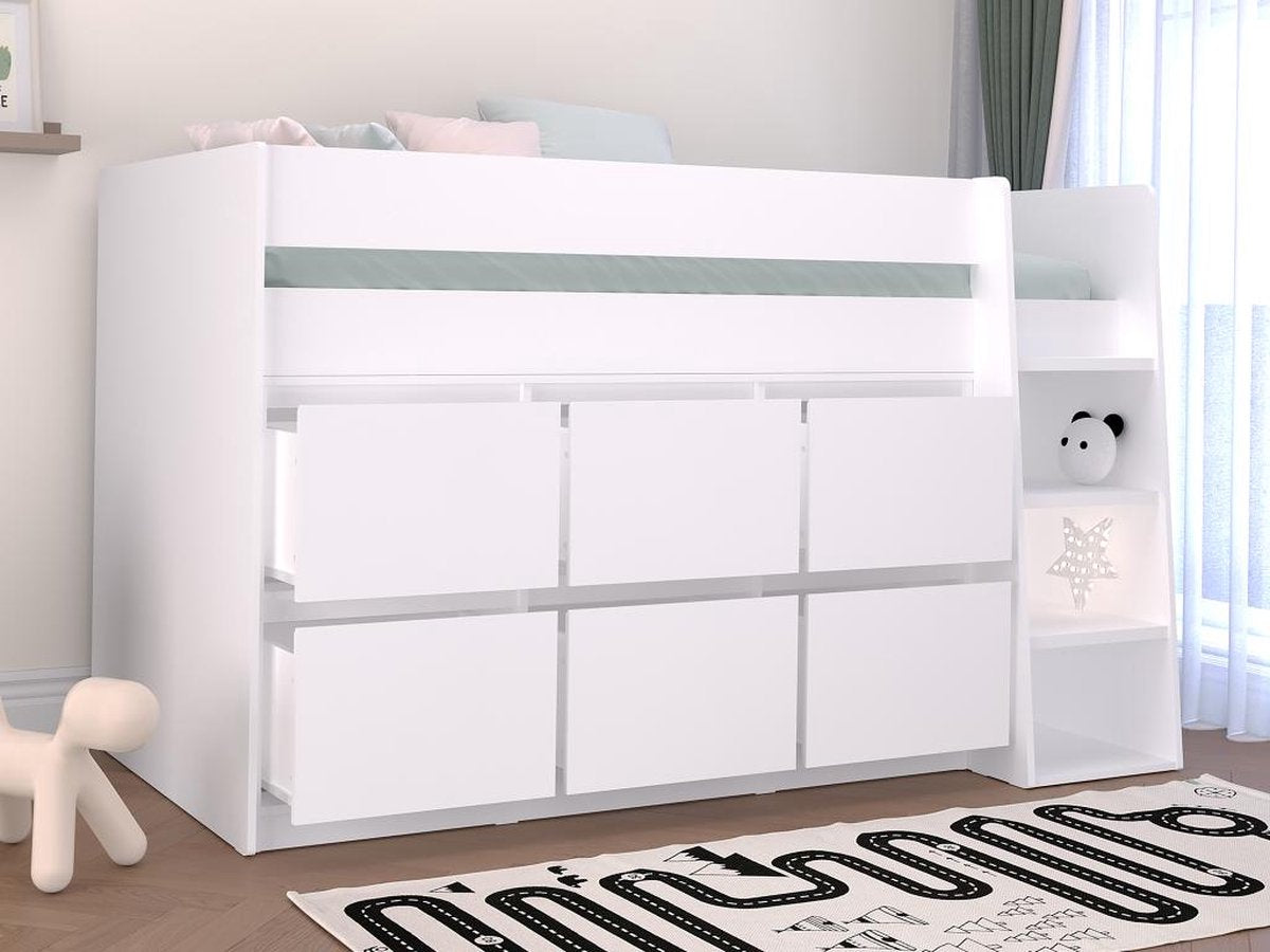 Vente-unique Halfhoogslaper 90 x 190 cm met 6 lades - Wit - CAMALETI L 196 cm x H 120.8 cm x D 114.4 cm