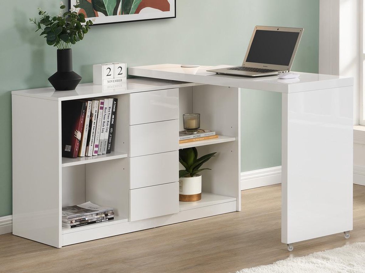 Extendable desk with 360° rotating top - MDF - White lacquered - PAVELO L 190 cm x H 76.5 cm x D 42 cm